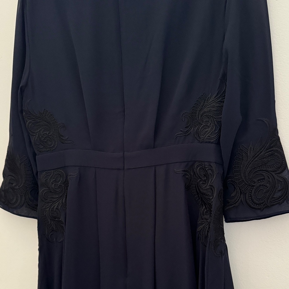 Ted Baker Navy Blue Sleeved Chiffon Dress with Black Embroidery Detail - Picture 6 of 7